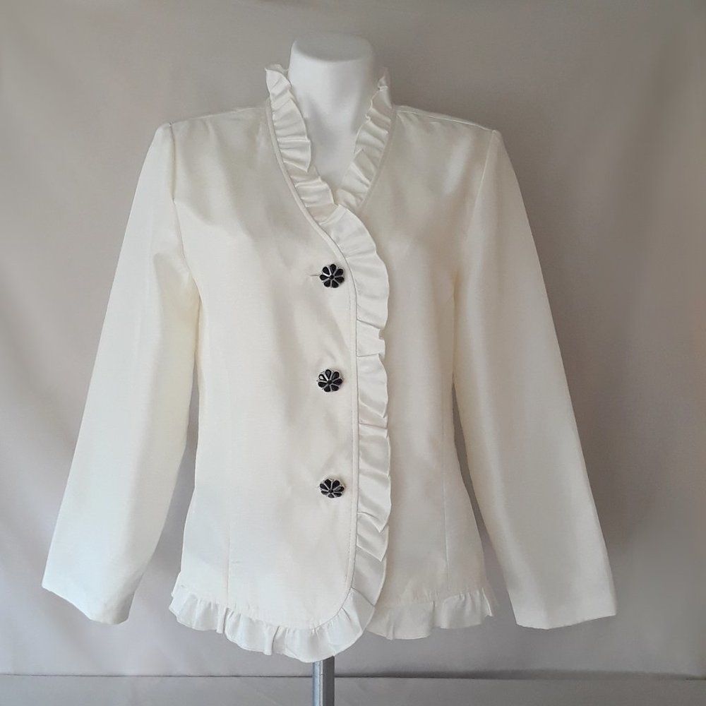 Vintage 1990s White Ruffled Trim Raised Collar Blazer Jacket